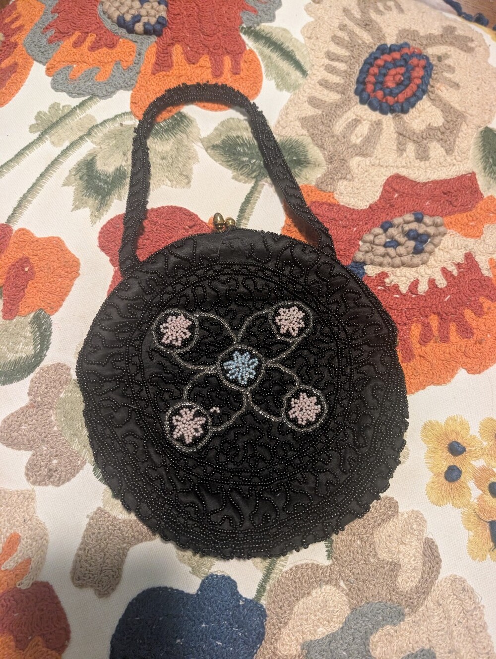Black Beaded Round Evening Bag with Floral Accent Made In Belgium